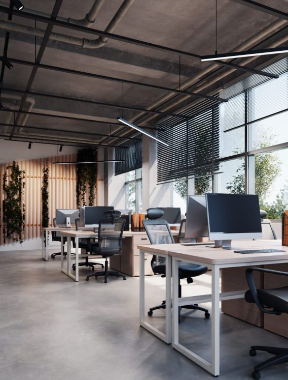 modern style Office with exposed concrete Floor and a lot of pla
